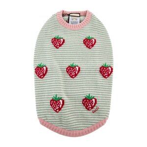 Gucci Green and Pink Striped Dog Sweater with Red Strawberry Design